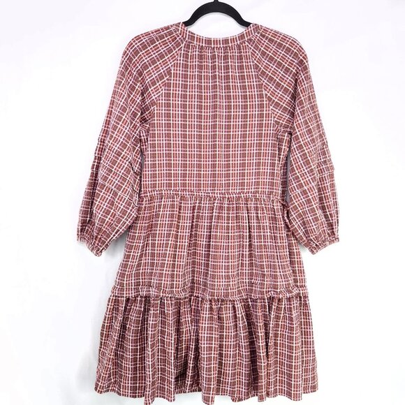 Madewell Seersucker Faux Wrap Mini Dress Size XXS Oversized Red Plaid Tiered - Picture 2 of 12